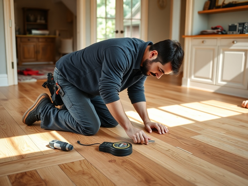 Expert hardwood floor craftsman at work
